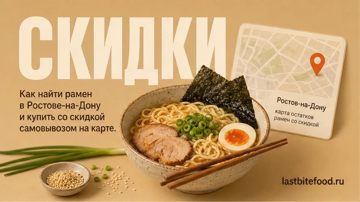Миска рамена и пин карты на тёплом фоне со словом СКИДКИ: самовывоз в Ростове-на-Дону