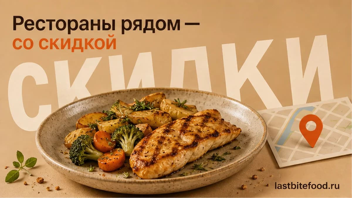 Карта и готовое блюдо со словом СКИДКИ: рестораны рядом со скидкой в Ростове-на-Дону и самовывоз