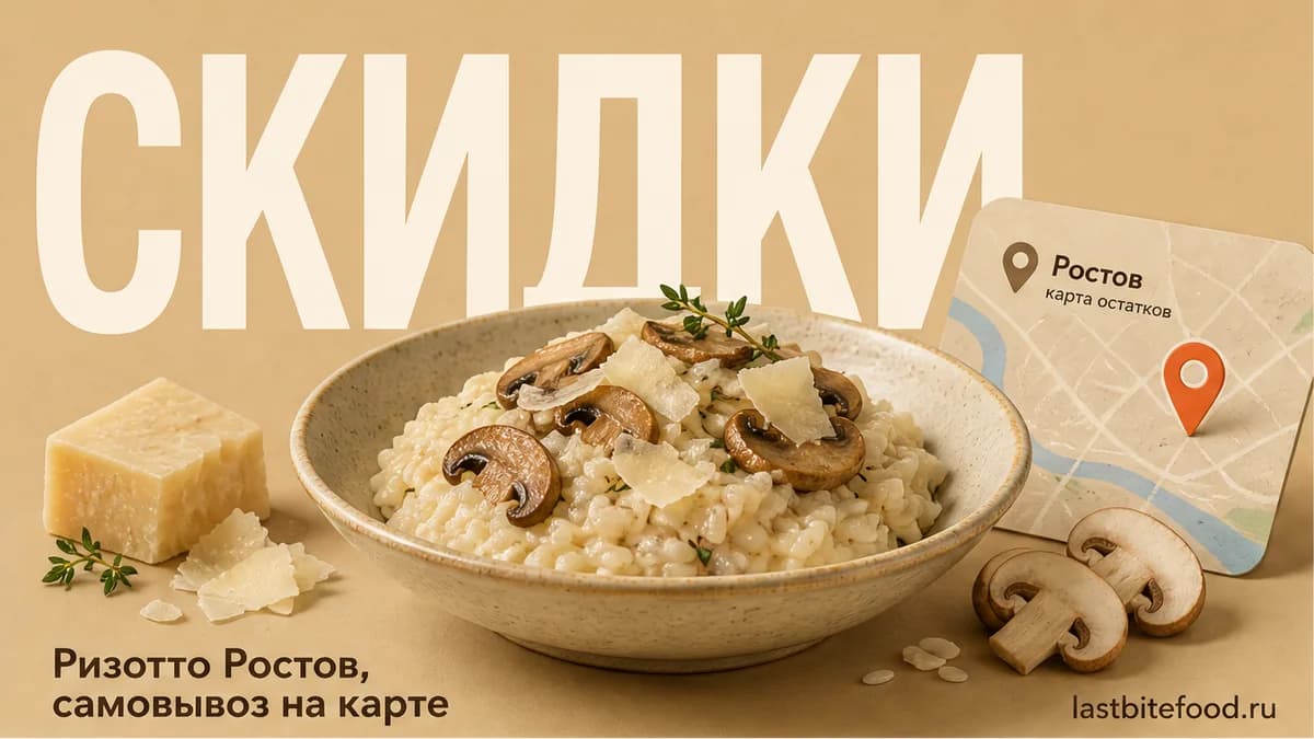 Порция ризотто и пин карты на тёплом фоне со словом СКИДКИ: самовывоз в Ростове-на-Дону