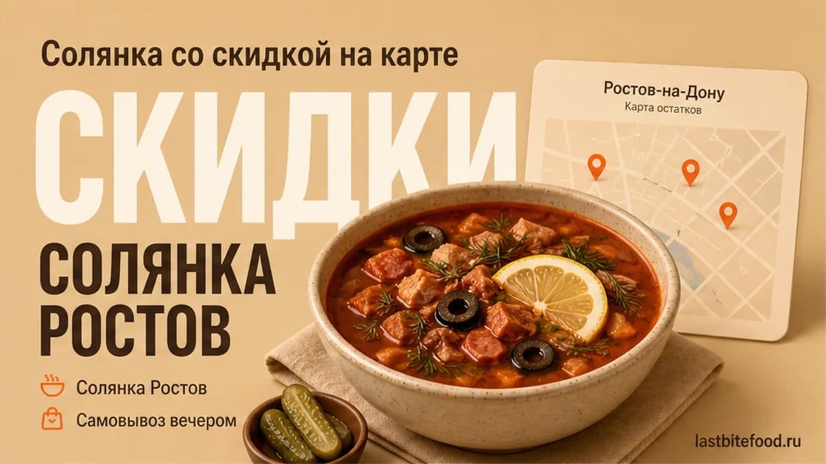 Миска солянки с пином карты и словом СКИДКИ: солянка в Ростове-на-Дону со скидкой и самовывозом