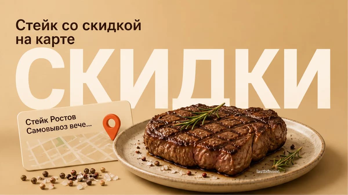 Порция стейка и пин карты на тёплом фоне со словом СКИДКИ: стейк в Ростове-на-Дону со скидкой и самовывозом