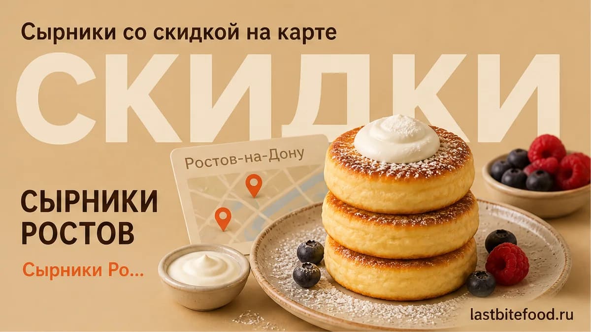 Тарелка сырников и пин карты на тёплом фоне со словом СКИДКИ: самовывоз в Ростове-на-Дону