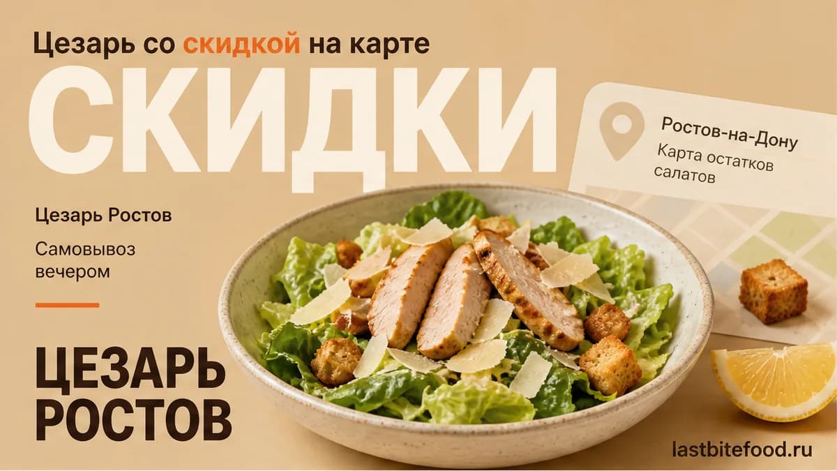 Миска салата Цезарь с пином карты и словом СКИДКИ: Цезарь в Ростове-на-Дону со скидкой и самовывозом