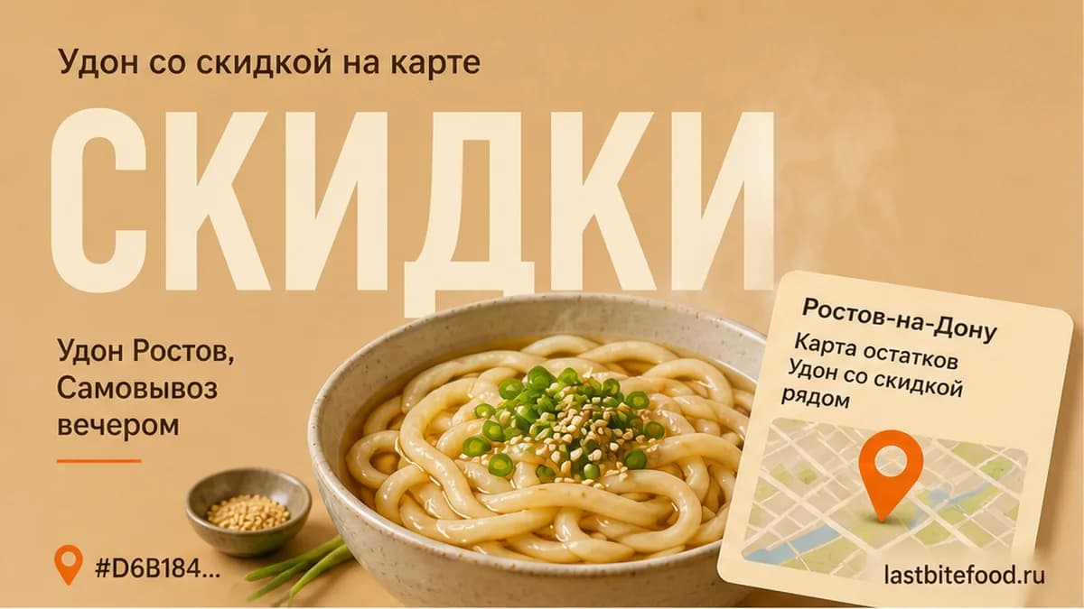 Миска удона и пин карты на тёплом фоне со словом СКИДКИ: самовывоз в Ростове-на-Дону