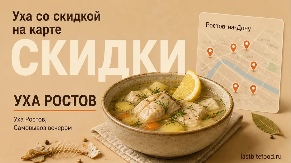 Миска ухи с пином карты и словом СКИДКИ: уха в Ростове-на-Дону со скидкой и самовывозом