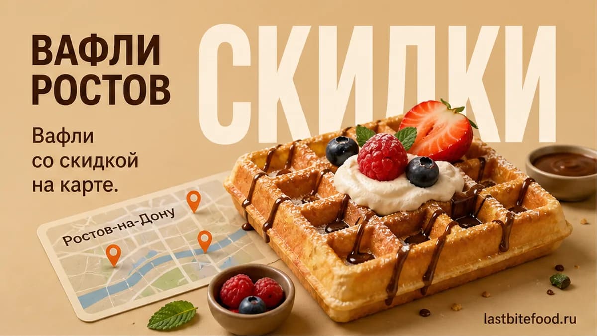 Вафля и пин карты на тёплом фоне со словом СКИДКИ: самовывоз в Ростове-на-Дону
