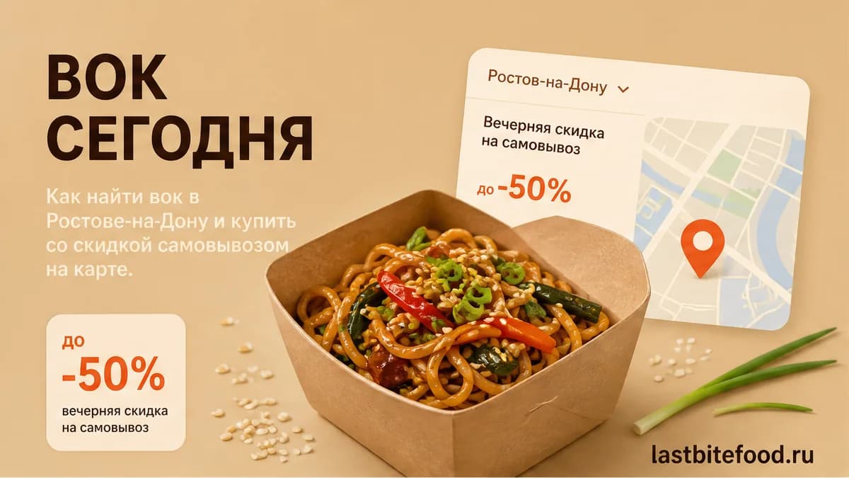 Миска вока и пин карты на тёплом фоне со словом СКИДКИ: самовывоз в Ростове-на-Дону