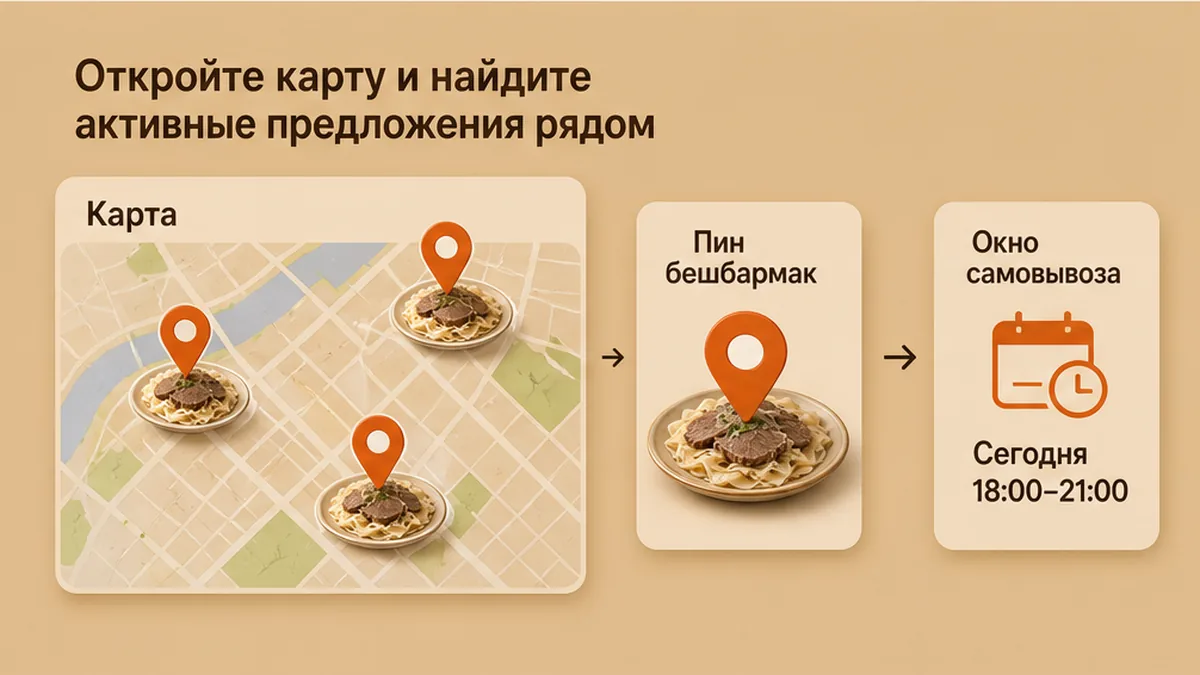 Карта с пинами активных скидок на бешбармак рядом