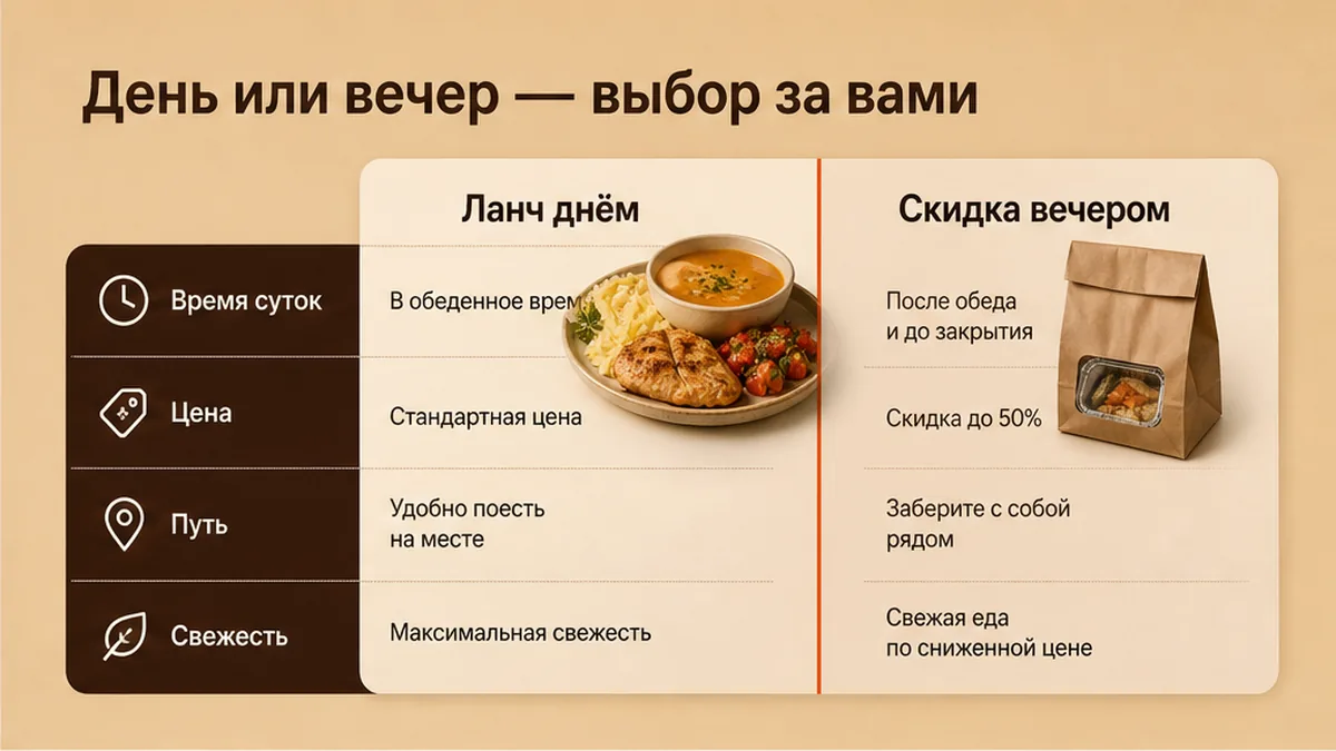 Сравнение критериев выгоды: время суток, цена, путь и свежесть для ланча и вечерней скидки