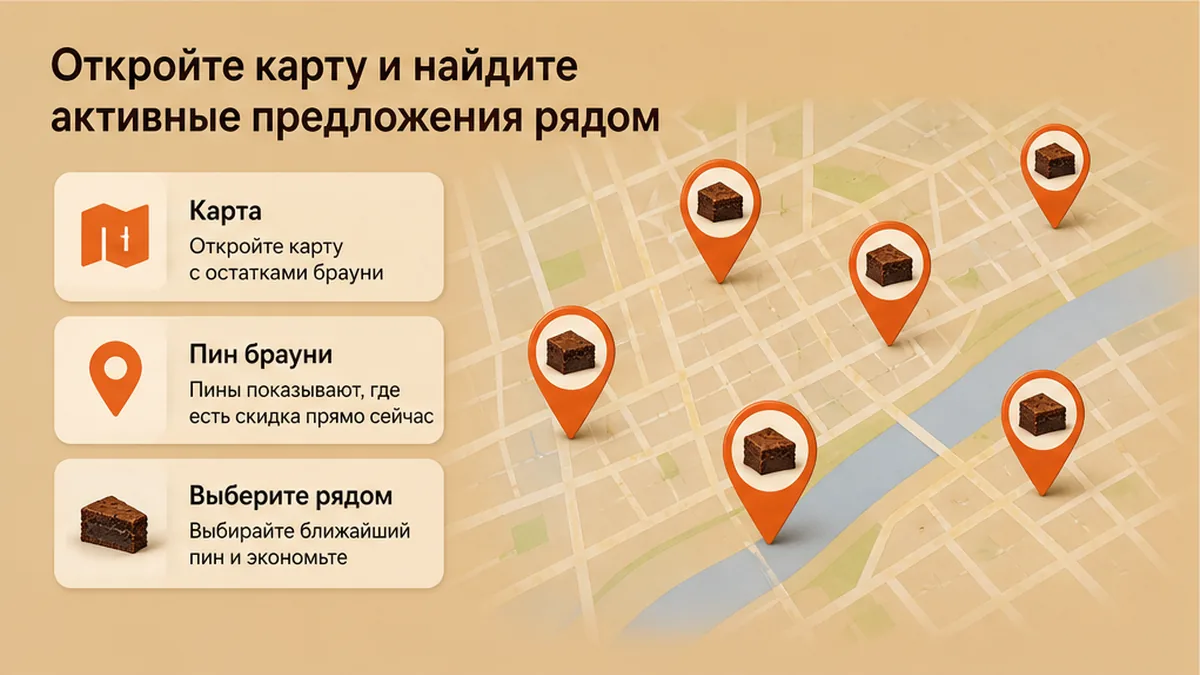 Карта с пинами активных скидок на брауни рядом
