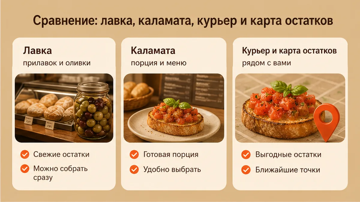 Сравнение: лавка и банка каламаты против карты остатков со скидкой на брускетту