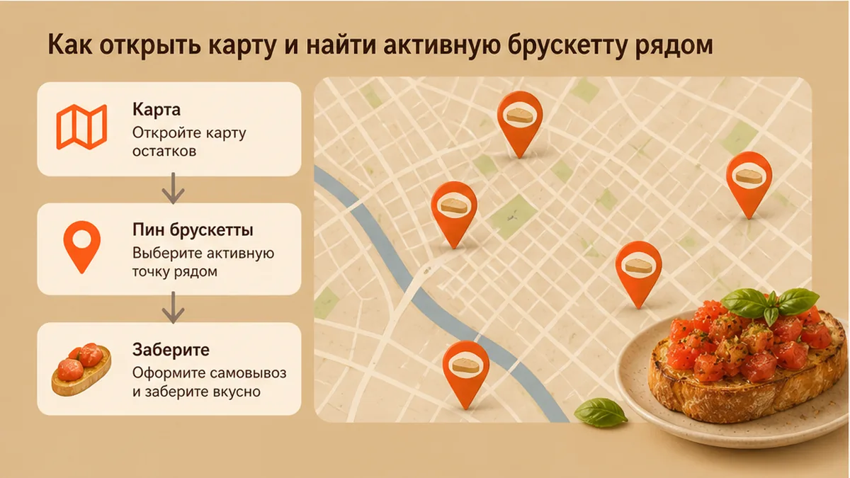 Карта с пинами активных скидок на брускетту рядом