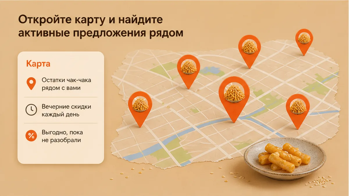 Карта с пинами активных скидок на чак-чак рядом