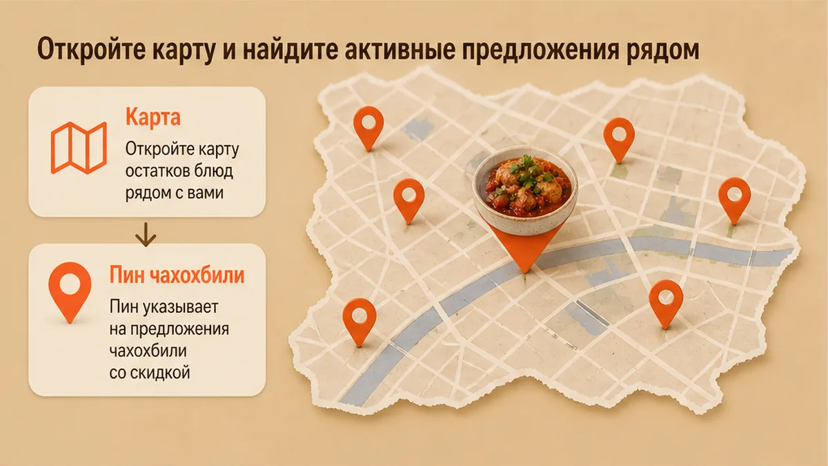 Карта с пинами активных скидок на чахохбили рядом