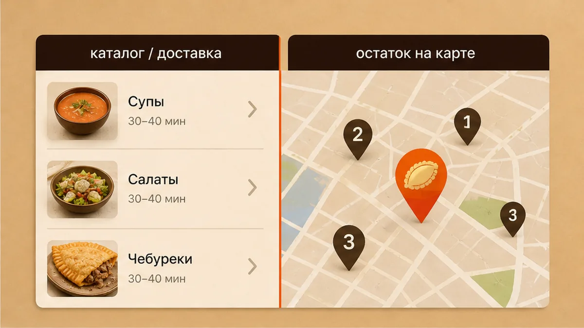 Сравнение: каталог чебуречных и доставка против вечернего остатка на карте