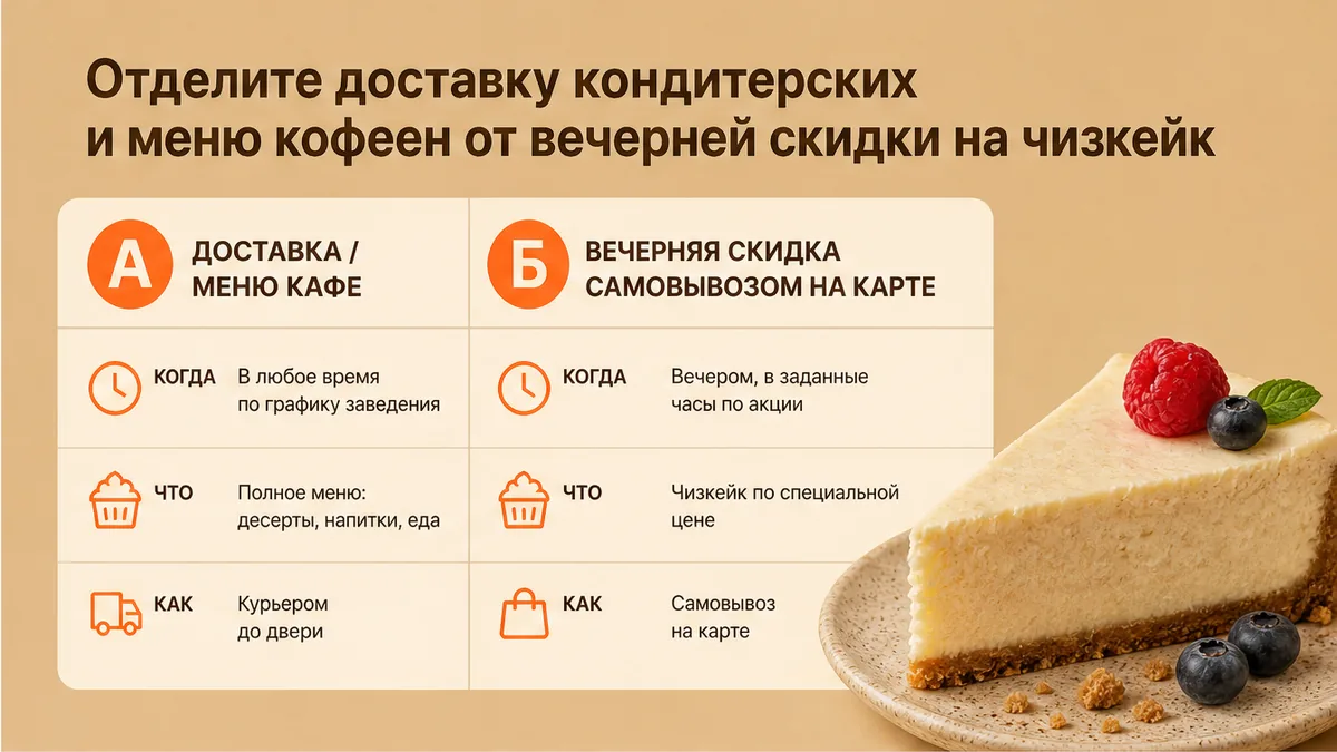 Сравнительная таблица / UI-мокап: Отделите доставку кондитерских и меню кофеен от вечерней скидки на чизкейк