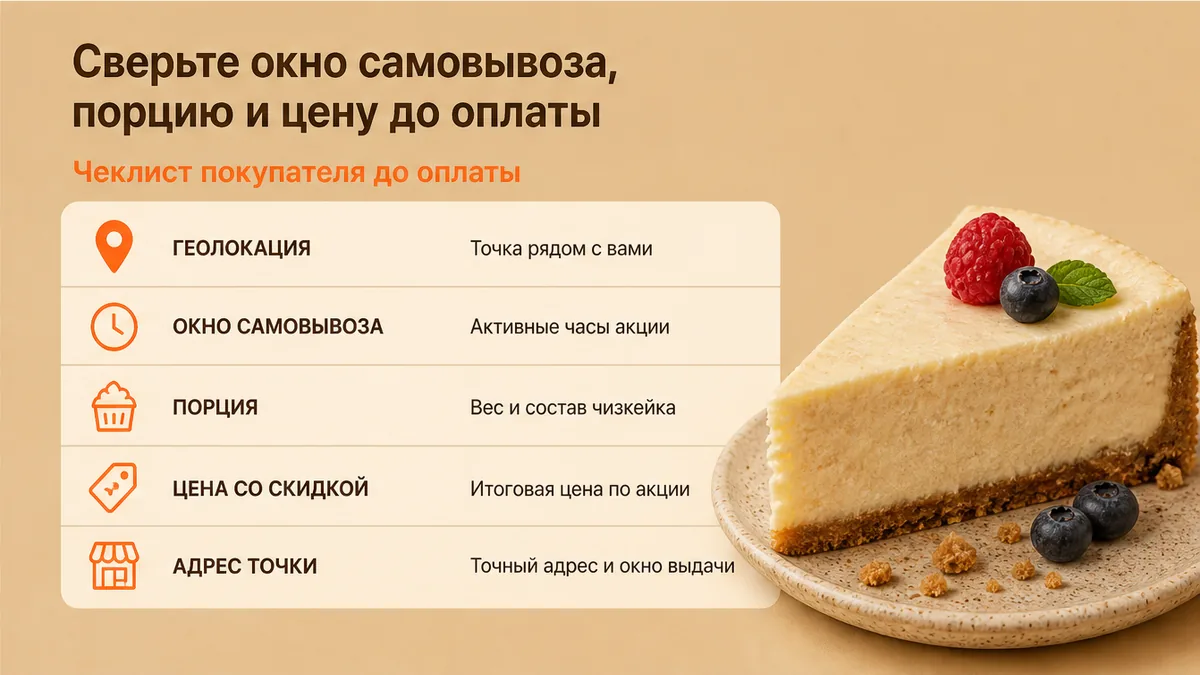 Чеклист покупателя: Сверьте окно самовывоза, порцию и цену до оплаты