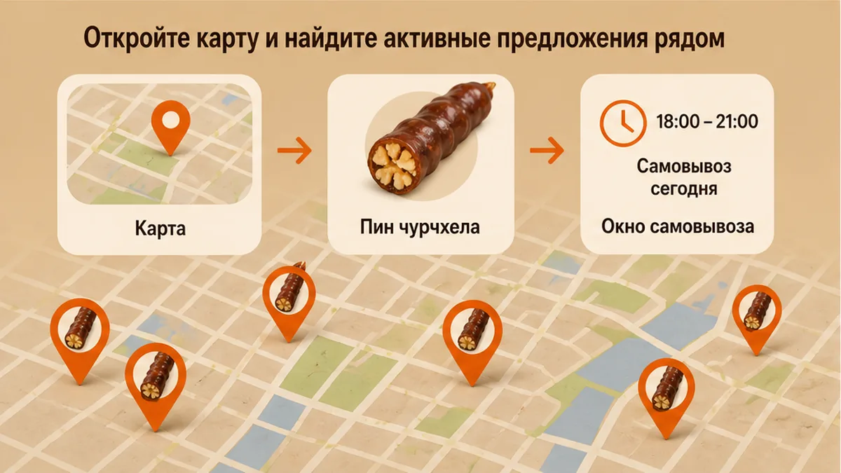 Карта с пинами активных скидок на чурчхелу рядом
