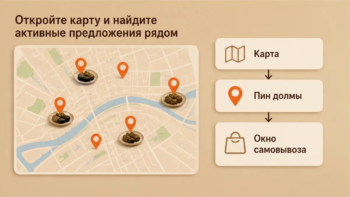 Карта с пинами активных скидок на долму рядом