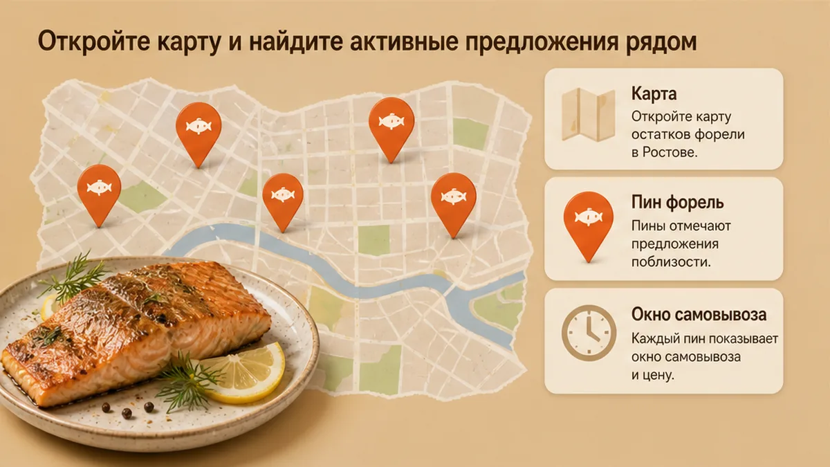 Карта с пинами активных скидок на готовую форель рядом