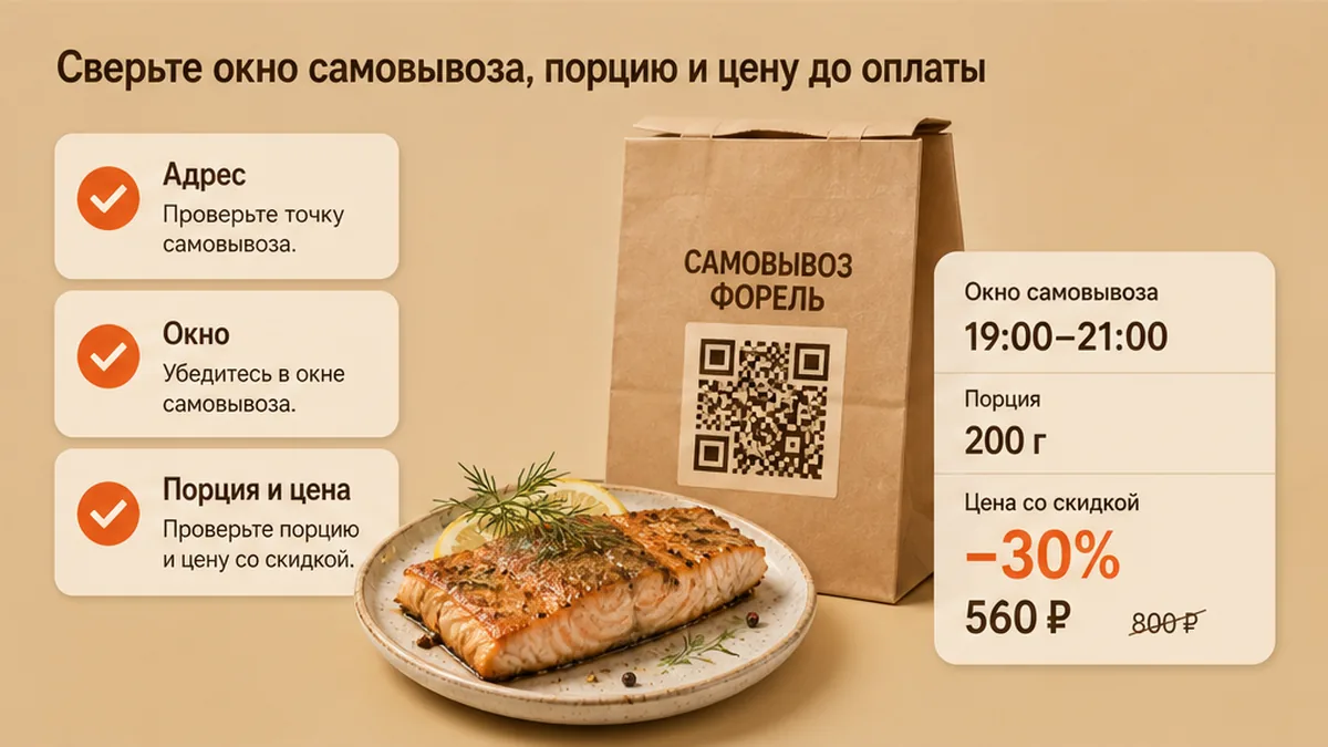 Чеклист сверки порции форели и QR-самовывоза до оплаты