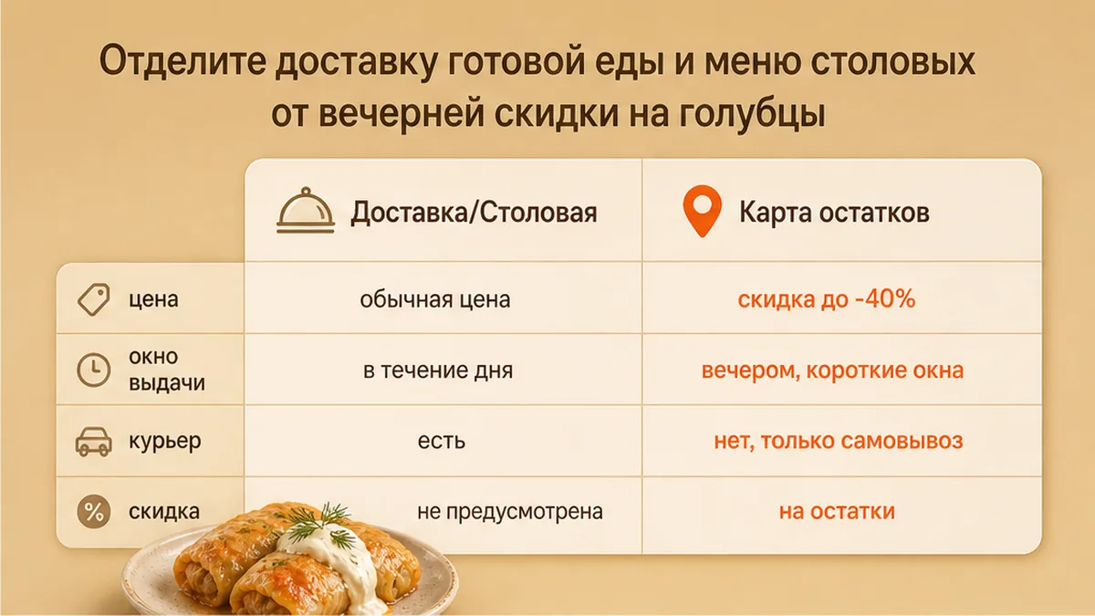 Сравнение доставки, меню столовой и карты остатков LastBiteFood для голубцов