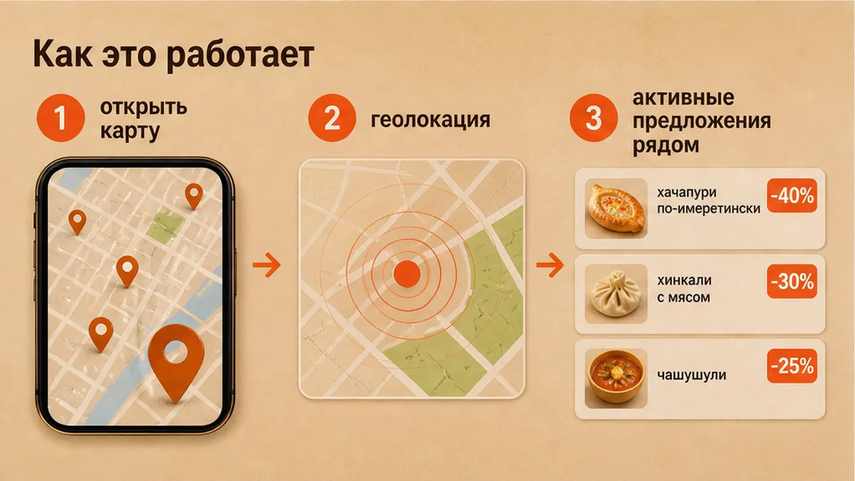 Схема: открыть карту и найти активные предложения грузинской кухни рядом