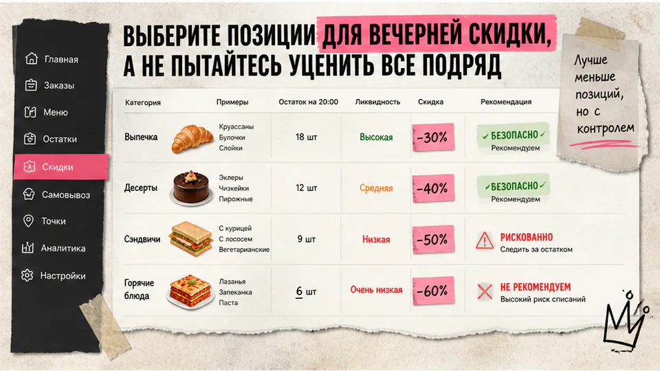 Сравнительная таблица / UI-мокап: Выберите позиции для вечерней скидки, а не пытайтесь уценить все подряд