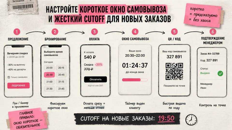 Схема workflow / шаги: Настройте короткое окно самовывоза и жесткий cutoff для новых заказов