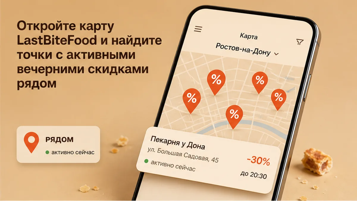 Карта вечерних скидок LastBiteFood: точки с активными предложениями рядом