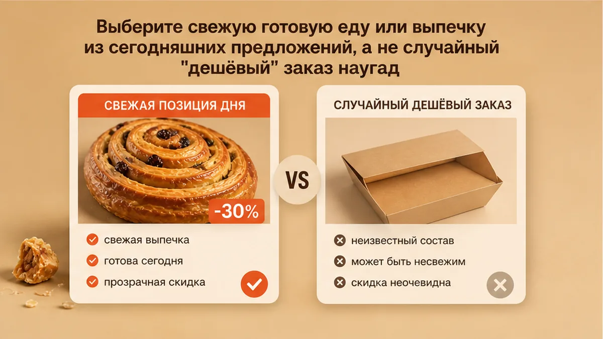 Сравнение: свежая готовая еда дня против случайного дешёвого заказа