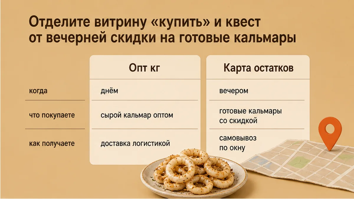 Сравнение мороженого опта и карты остатков со скидкой на готовые кальмары