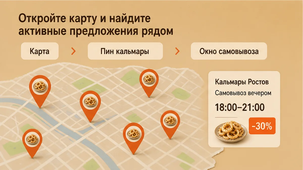 Карта с пинами активных скидок на готовые кальмары рядом