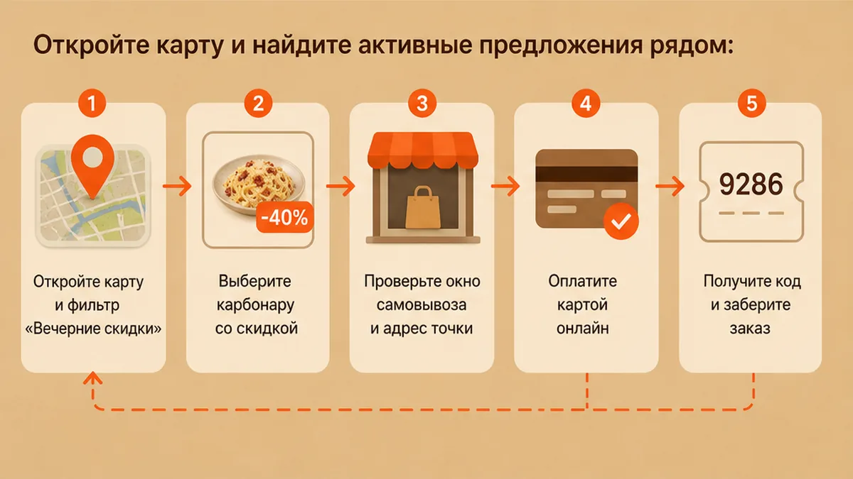 Схема самовывоза / шаги: Откройте карту и найдите активные предложения рядом