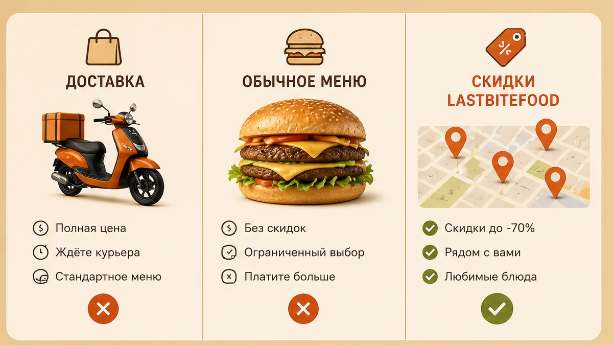 Сравнение доставки, меню бургерных и карты вечерних скидок на картофель фри