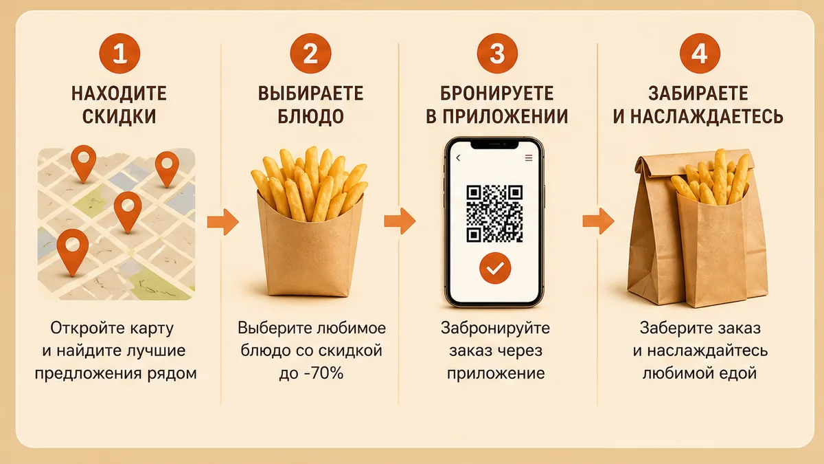 Схема: открыть карту скидок и найти картофель фри рядом