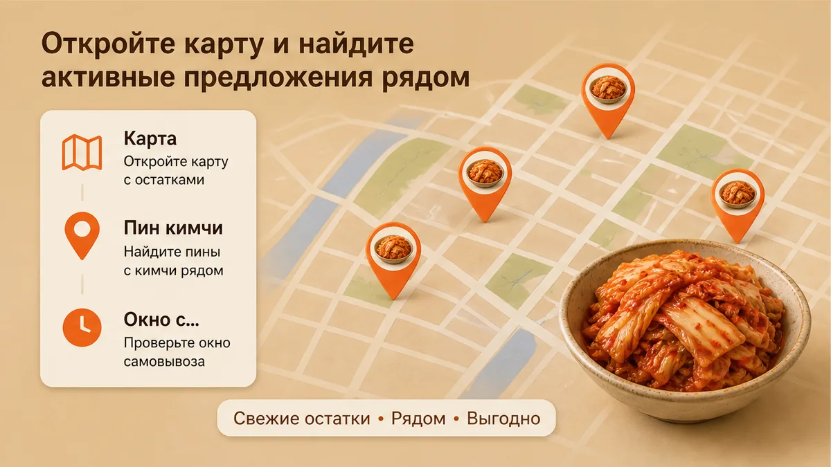 Карта с пинами активных скидок на кимчи рядом