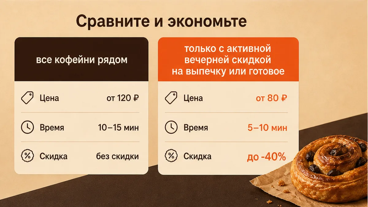 Сравнение: все точки рядом и только с активной вечерней скидкой на выпечку