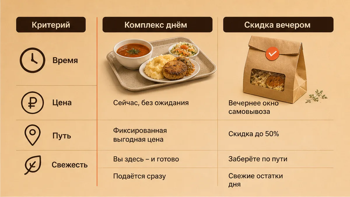 Сравнение критериев выгоды: время, цена, путь и свежесть для комплекса и вечерней скидки