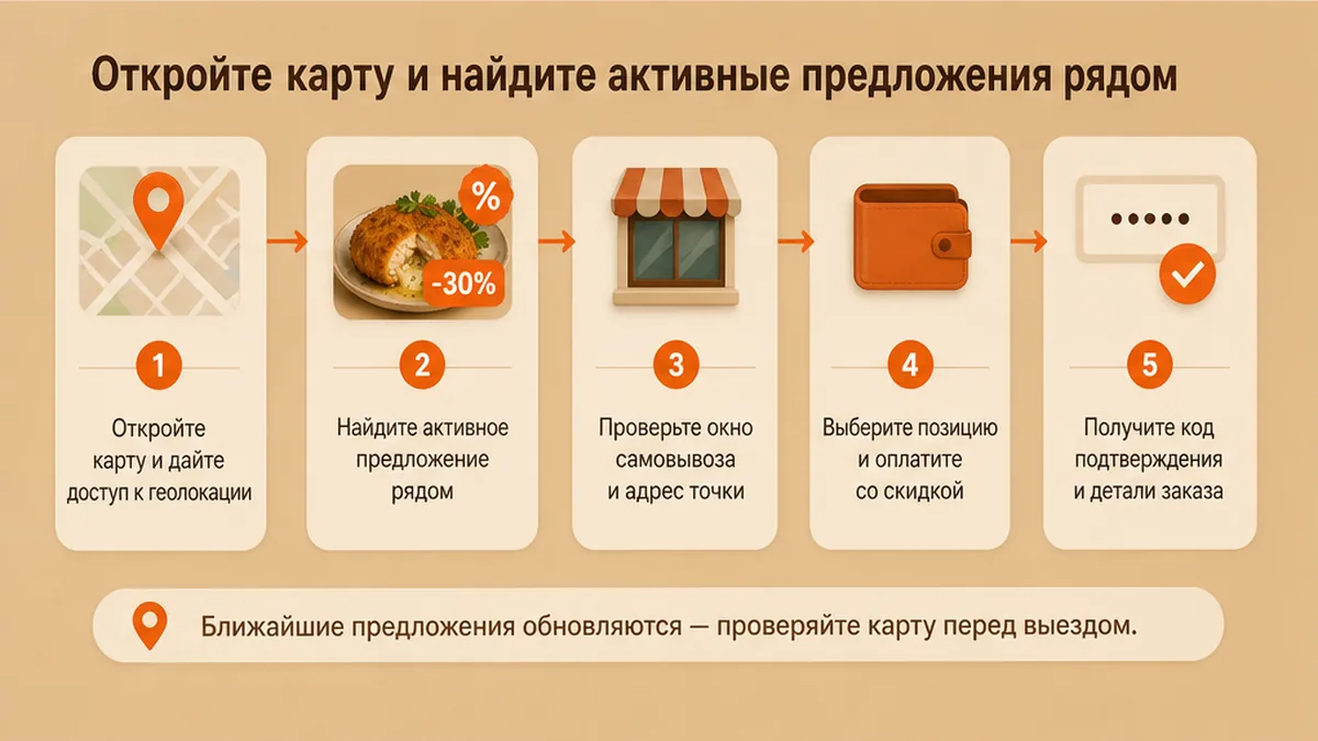 Схема самовывоза / шаги: Откройте карту и найдите активные предложения рядом