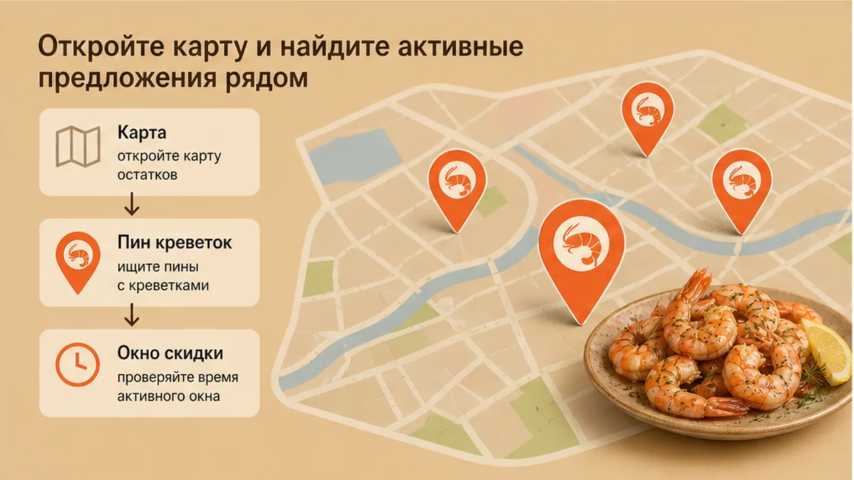 Карта с пинами активных скидок на креветки рядом