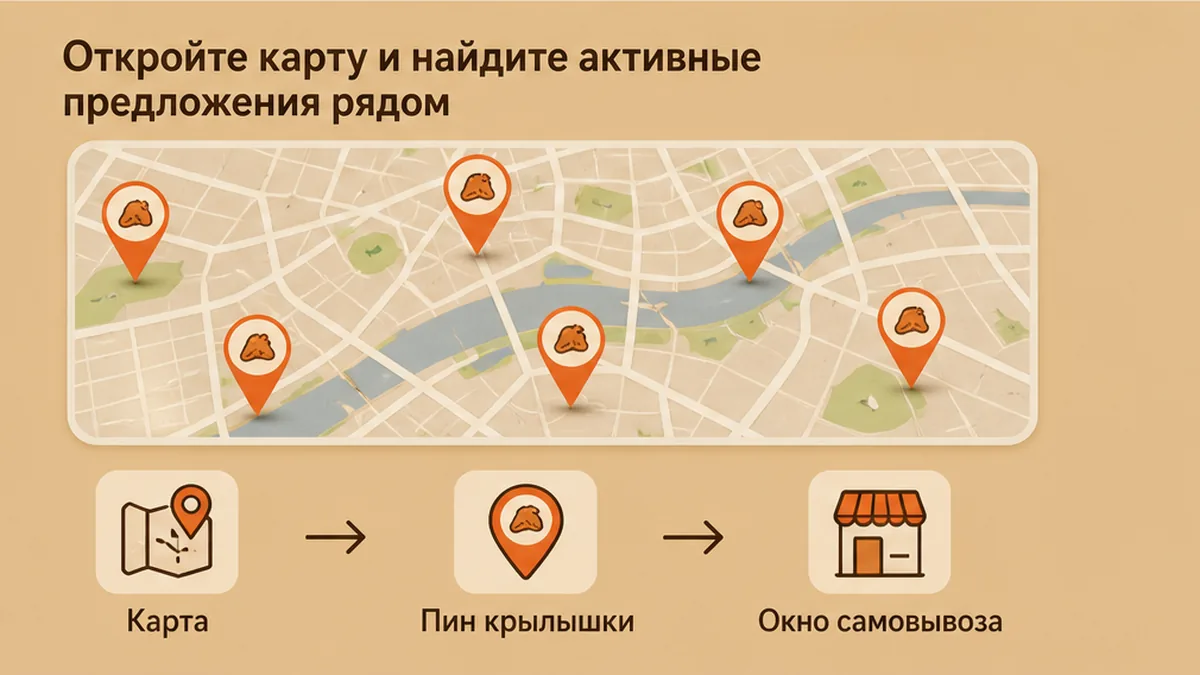 Карта с пинами активных скидок на крылышки рядом