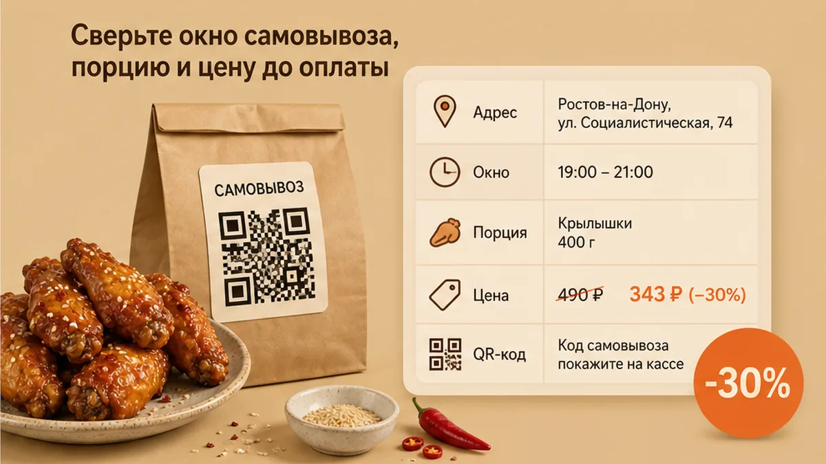 Чеклист сверки порции крылышек и QR-самовывоза до оплаты