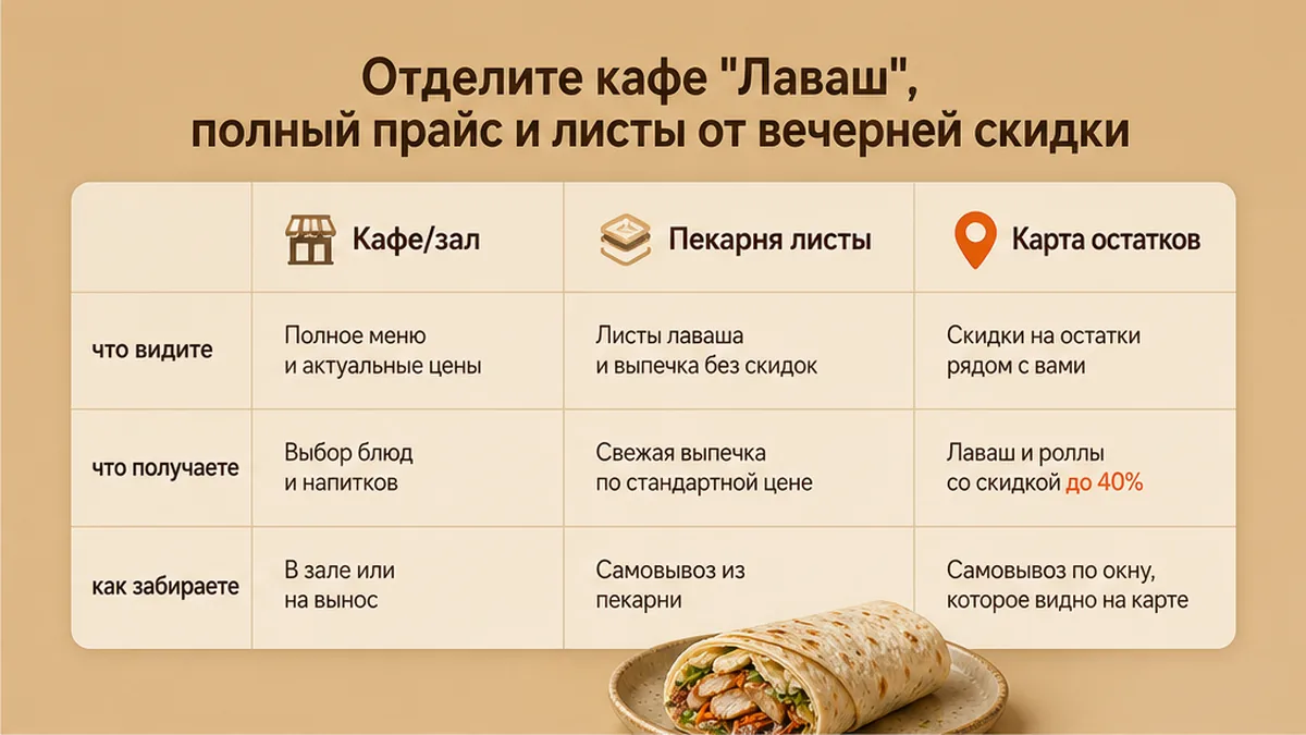 Сравнение кафе Лаваш, листов в пекарне и карты остатков LastBiteFood