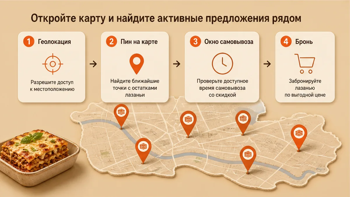 Схема workflow / шаги: Откройте карту и найдите активные предложения рядом
