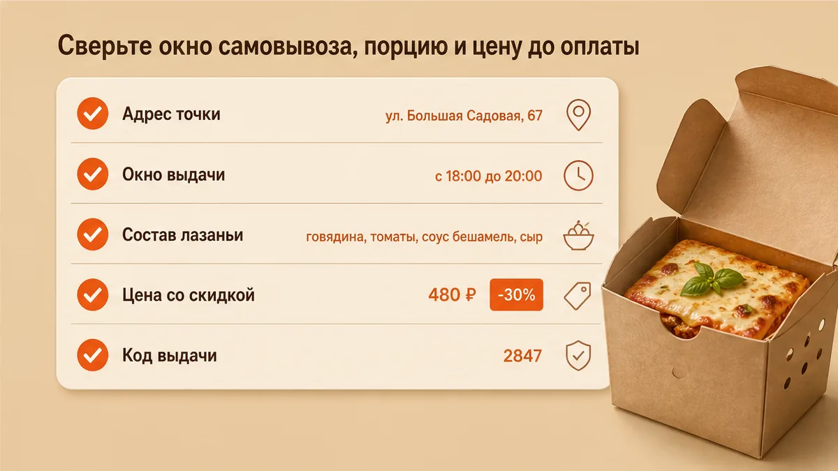 Чеклист / printable board: Сверьте окно самовывоза, порцию и цену до оплаты
