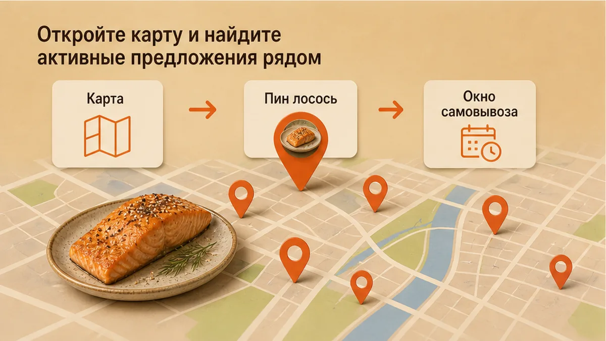 Карта с пинами активных скидок на готовый лосось рядом