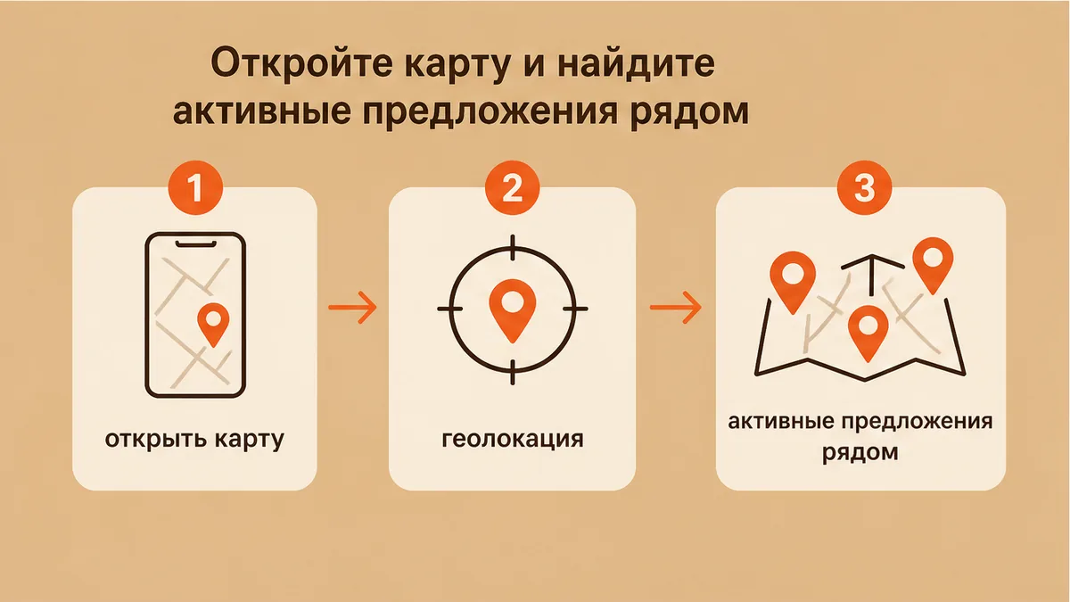 Схема: открыть карту и найти активные предложения мант рядом