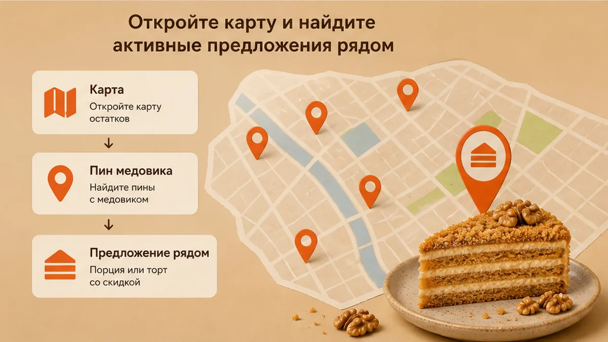 Карта с пинами активных скидок на медовик рядом