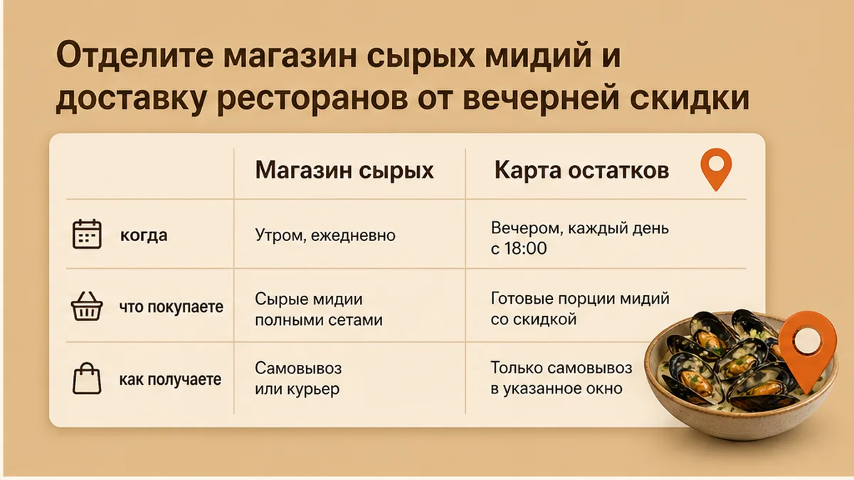 Сравнение магазина сырых мидий, доставки и карты остатков со скидкой